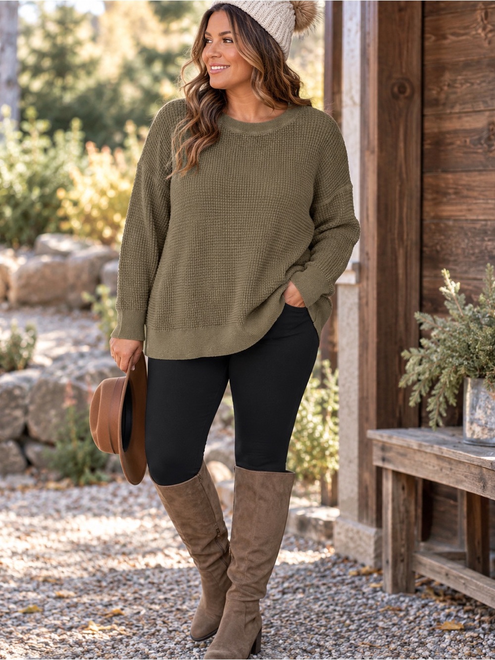 REI Outdoors Relaxed Olive Crewneck Waffle Sweater - Women's Pullover | Size XL